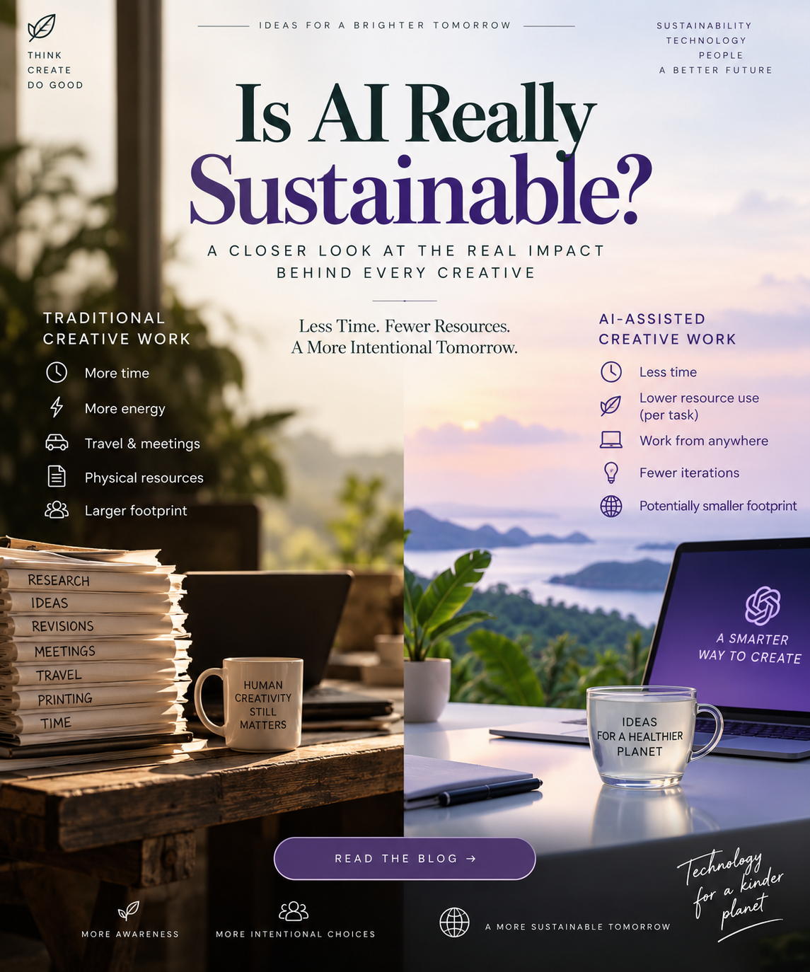 A visual comparison between traditional creative work and AI-assisted creative work